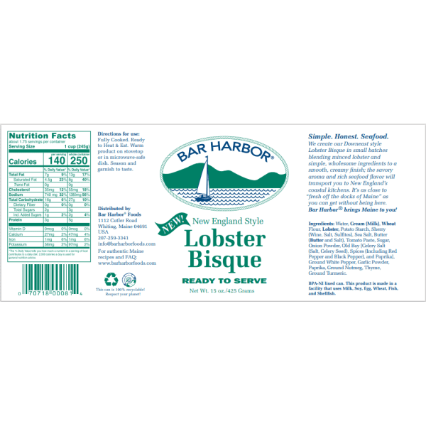 Lobster Bisque Ready to Serve 6/15 oz. Shop Bar Harbor®